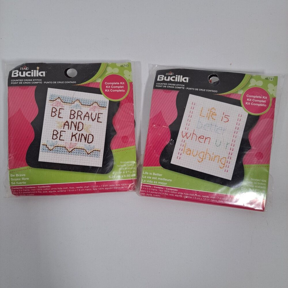 2 Bucilla Beginner Mini Counted Cross Stitch Kits 3" x 3" Brave King Laugh New